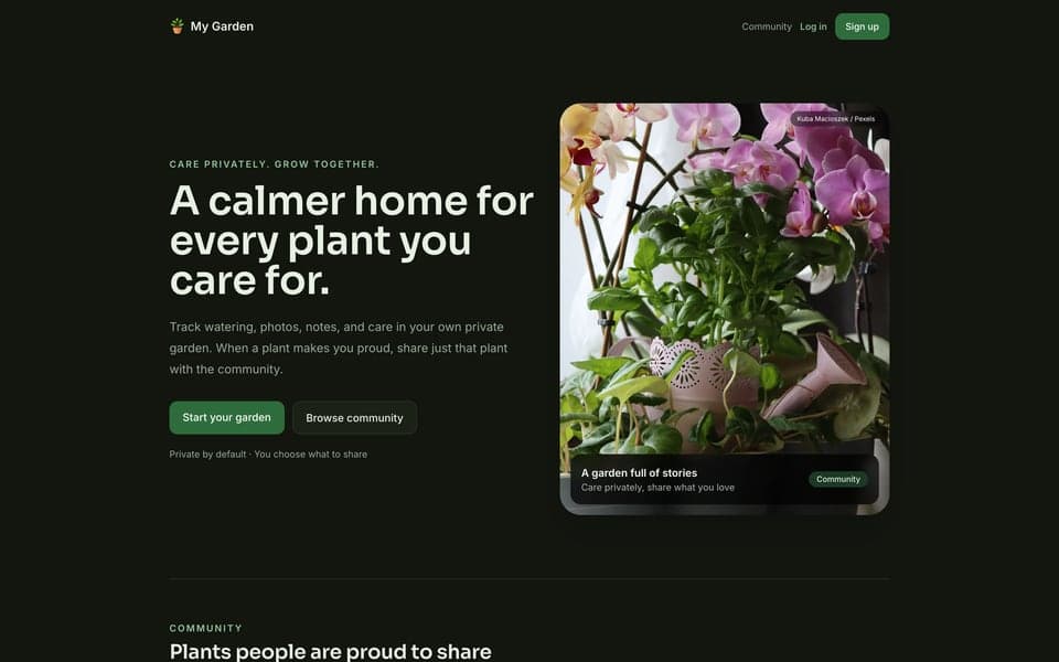 My Garden home page — "A calmer home for every plant you care for," beside a live photo of an orchid and philodendron