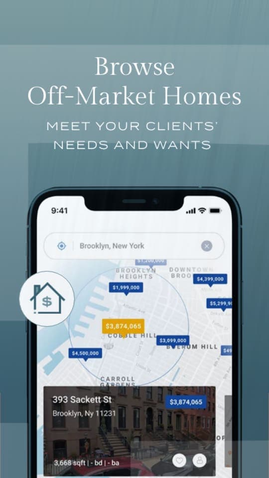 DropOffer app — browsing off-market homes on a map of Brooklyn with price pins